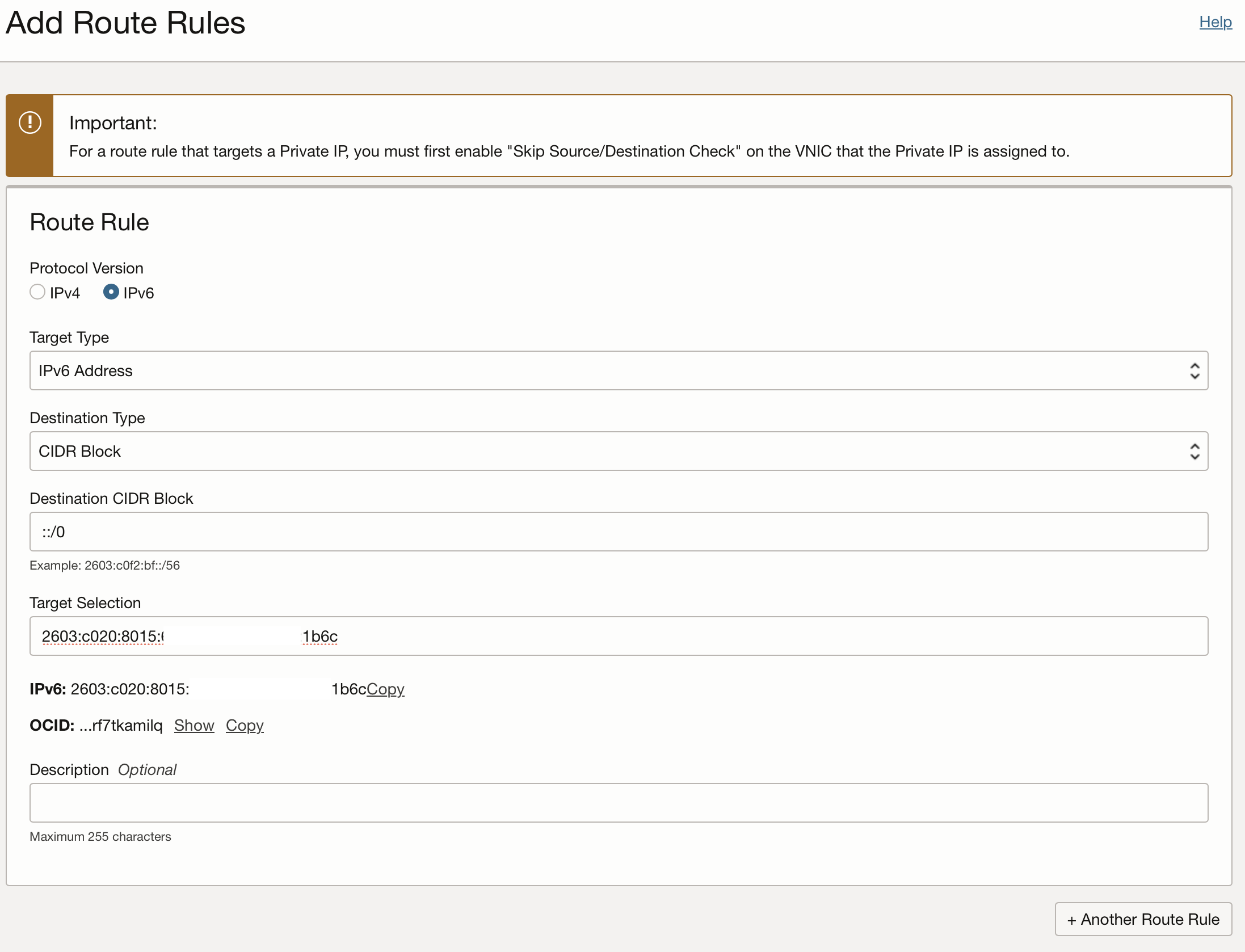 Defining a route for IPv6 internet using an IPv6 gateway vm