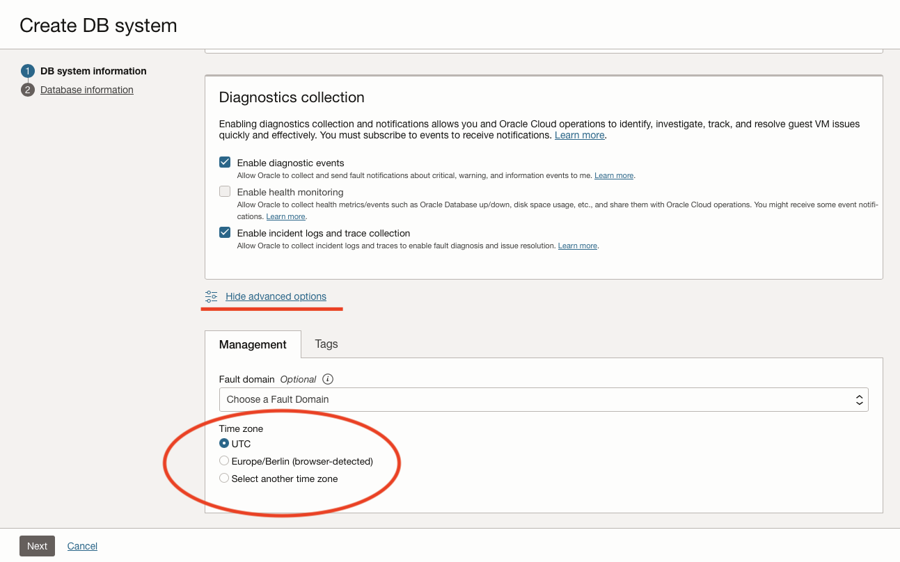 Hidden selection for timezone of base database deployment